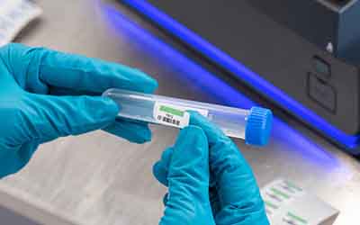 A chemist applies a label to a lab vial.