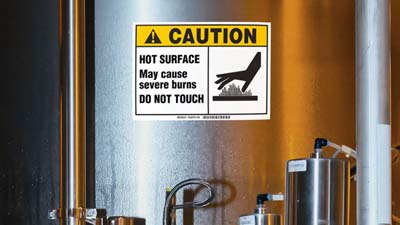 A washdown-resistant warning label on a large industrial drum.