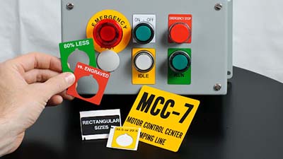 Raised panel labels on an electrical box.