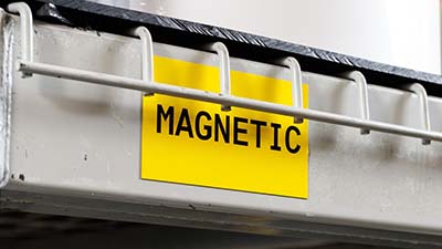 A magnetic label on a wire rack.