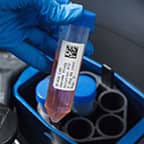 A label on a test tube being inserted into a centrifuge.