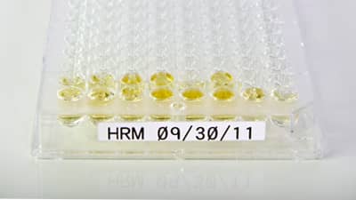 A well plate with a white label.