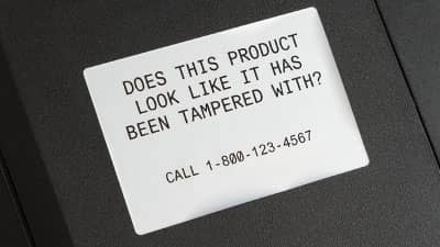 A Brady multipurpose aggressive adhesive label applied to the textured case of a piece of equipment.