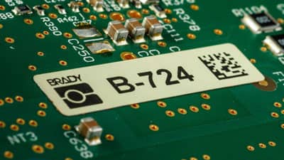 A Brady amber colored heat resistant label applied to a circuit board.