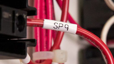 A red wire within a panel identified with a white label.