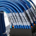 A bundle of wires with white labels.