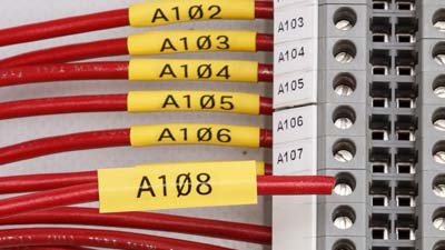 Six yellow, heat-shrink sleeves with the text A102, A103 through A108 printed on each sleeve all connected to a circuit panel.