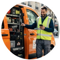 installer looking at phone with van in the background