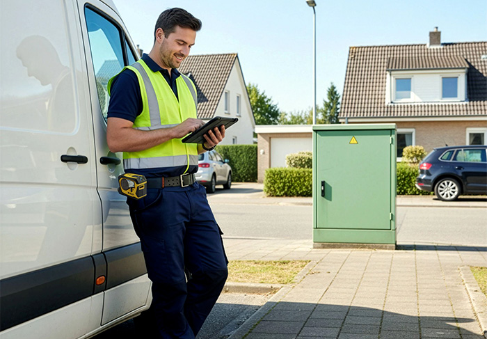 electrician near van with pone illustration